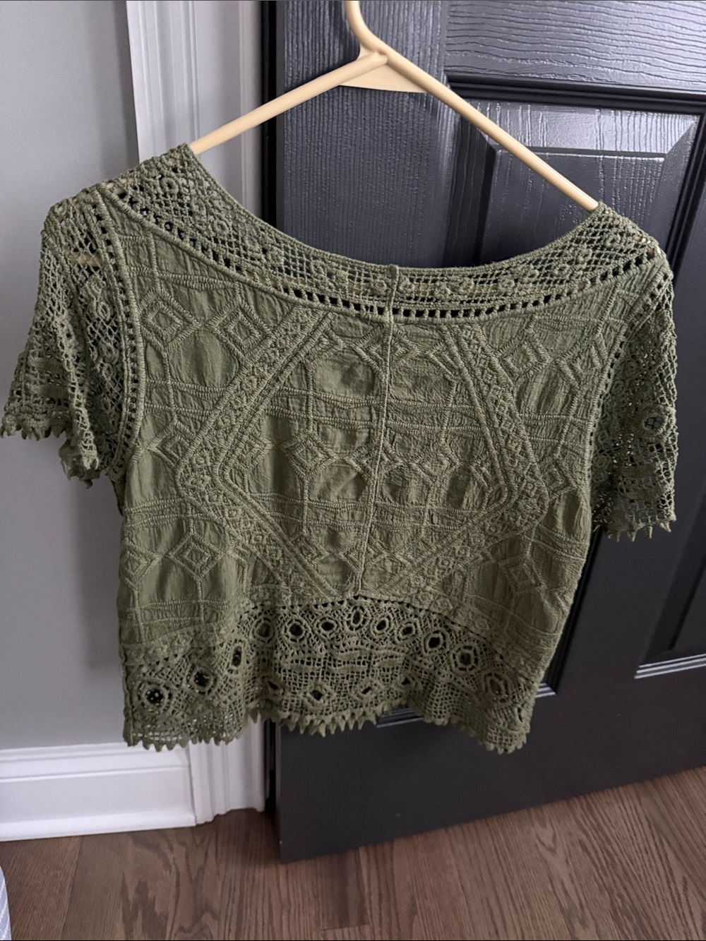 Ultra Pink Olive Green Crochet Lace Short Sleeve Blouse - Picture 4 of 4